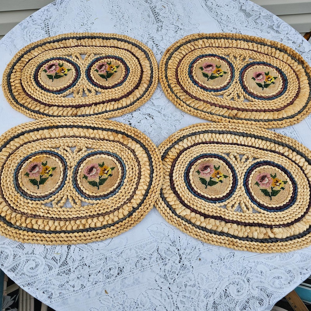 Vintage Rattan Straw Floral‎ Embroidered Needlepoint Set of 4